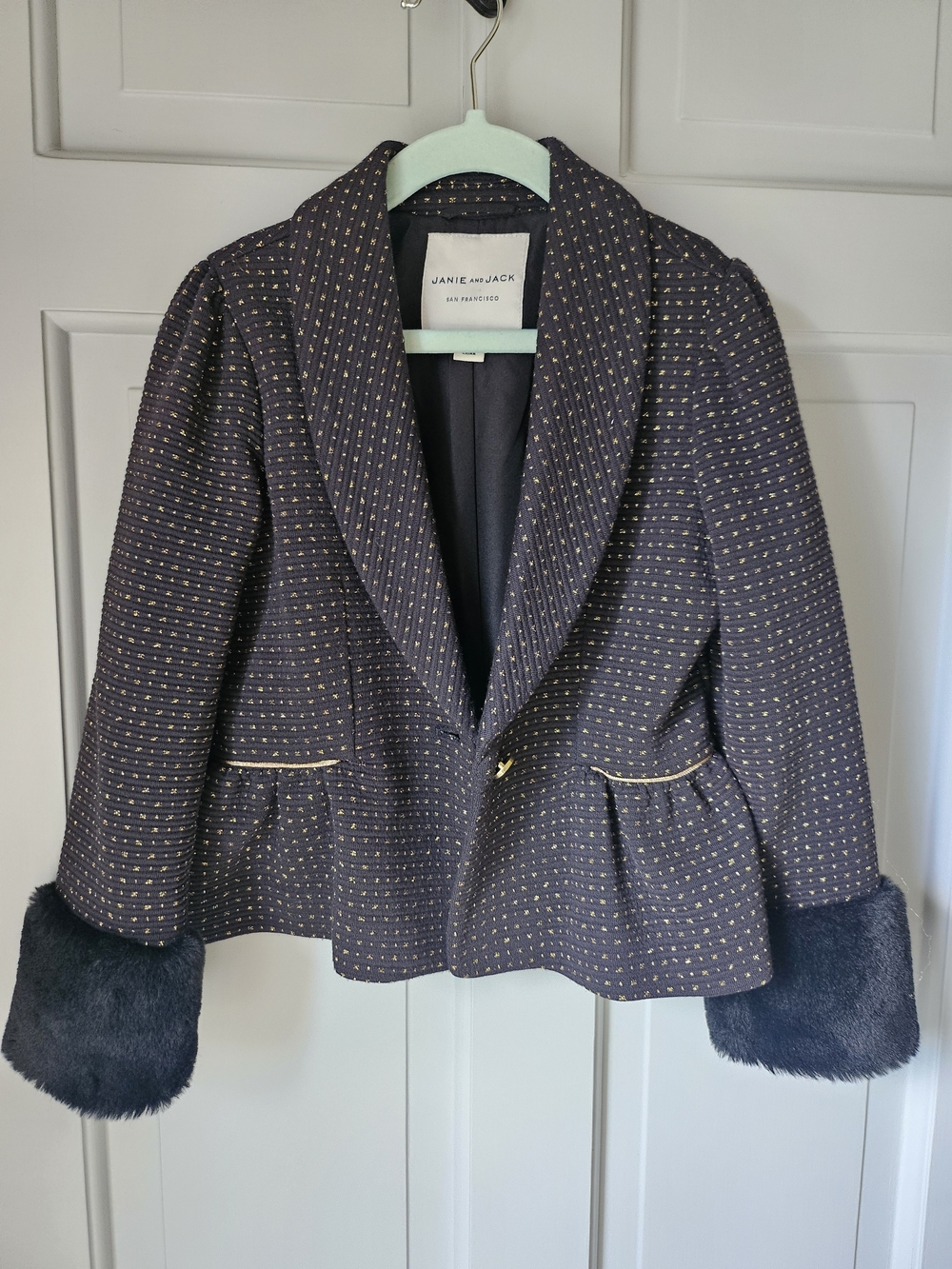 Janie and Jack Girls' Black And Gold Tweed Jacket with Faux Fur Cuffs With Pants